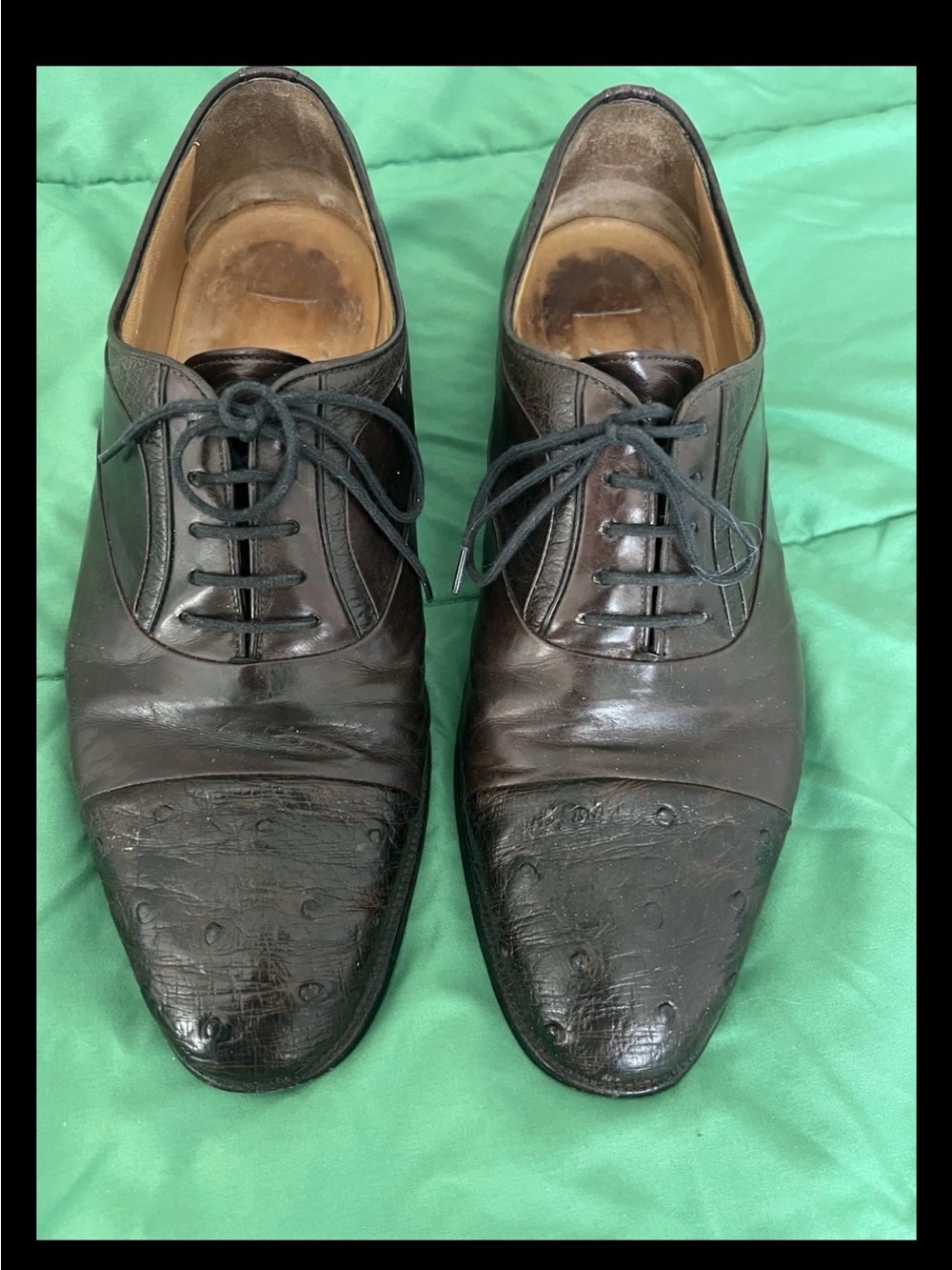 Moreschi Black Leather Cap-Toe Oxfords with Ostrich-Textured Toe